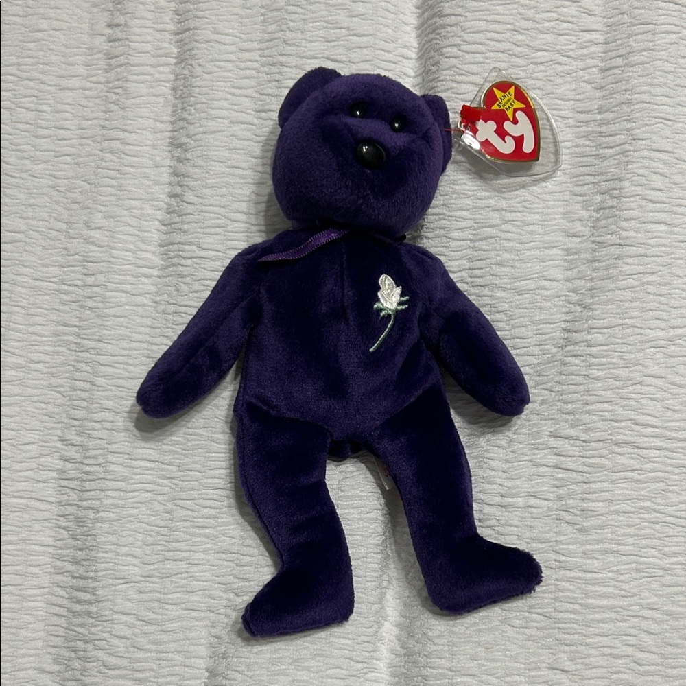 Ty Princess Diana Memorial Dark Purple Bear Plush with White Rose